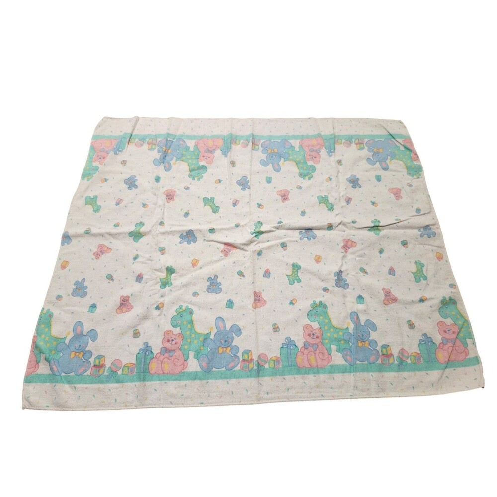 Vintage 90s Baby Receiving Flannel Blanket TEDDY BEAR BUNNY GIRAFFE Pastel Color